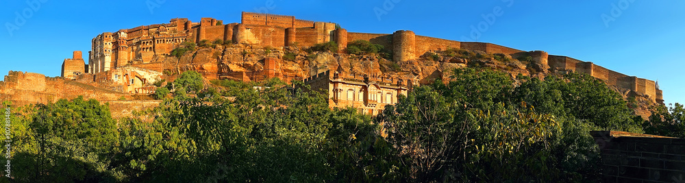 Panorama of ancient Mehrangarh Fort in Jodhpur, Rajasthan, India.