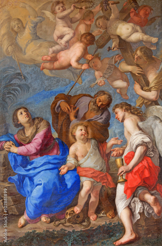 Fototapeta Rome - The Holy Family with angels and symbols of the passion by Bernardino Mei (1659) in transept of church Basilica di Santa Maria del Popolo.