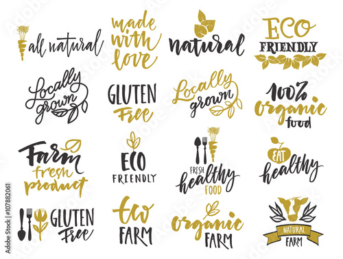 Vector natural organic food label. Farm products eco design 