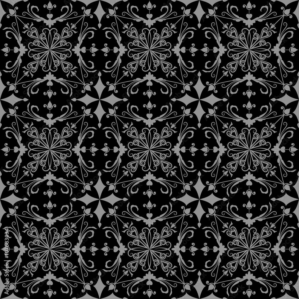 Seamless black and grey floral ornate vector wallpaper pattern.