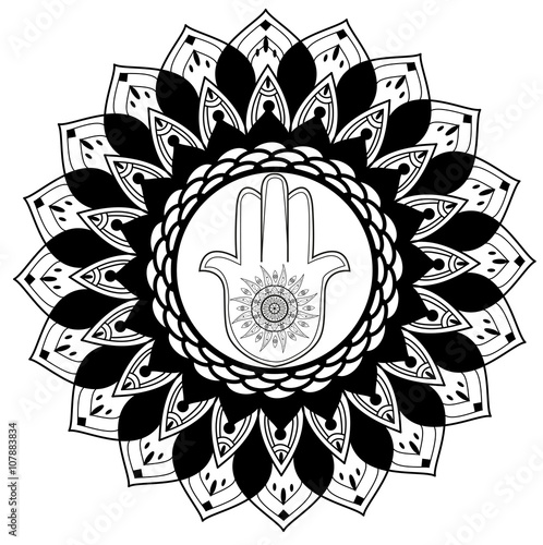 Obraz na plátně Black and white mandala with fatima hand vector for coloring, mandala in bianco