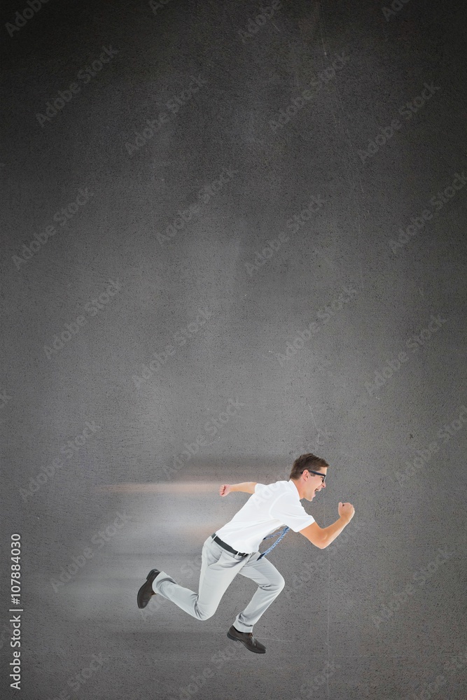 Composite image of geeky happy businessman running mid air Composite image of geeky happy businessman running mid air