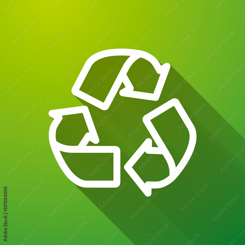 Recycling white icon with long shadow on green background, ecology illustration Recycling white icon with long shadow on green background, ecology illustration