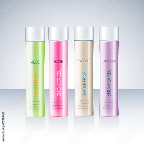 Bottles  with sample labels for shower gel or shampoo