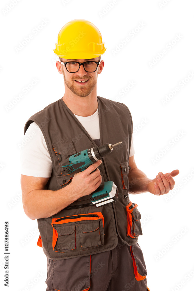 diy - young cheerful man holding battery screwdriver isolated ov diy - young cheerful man holding battery screwdriver isolated ov
