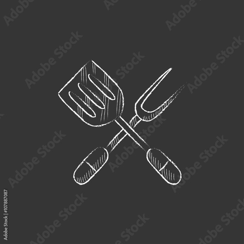Kitchen spatula and big fork. Drawn in chalk icon.