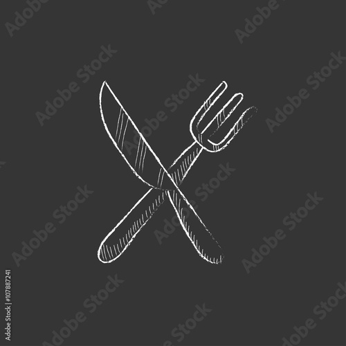 Knife and fork. Drawn in chalk icon.