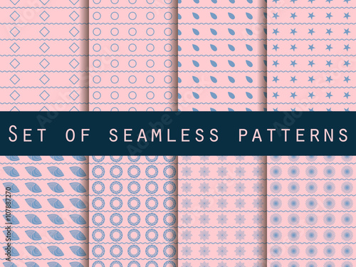 Set of seamless patterns with geometric shapes. Rose quartz and serenity violet colors. Vector.