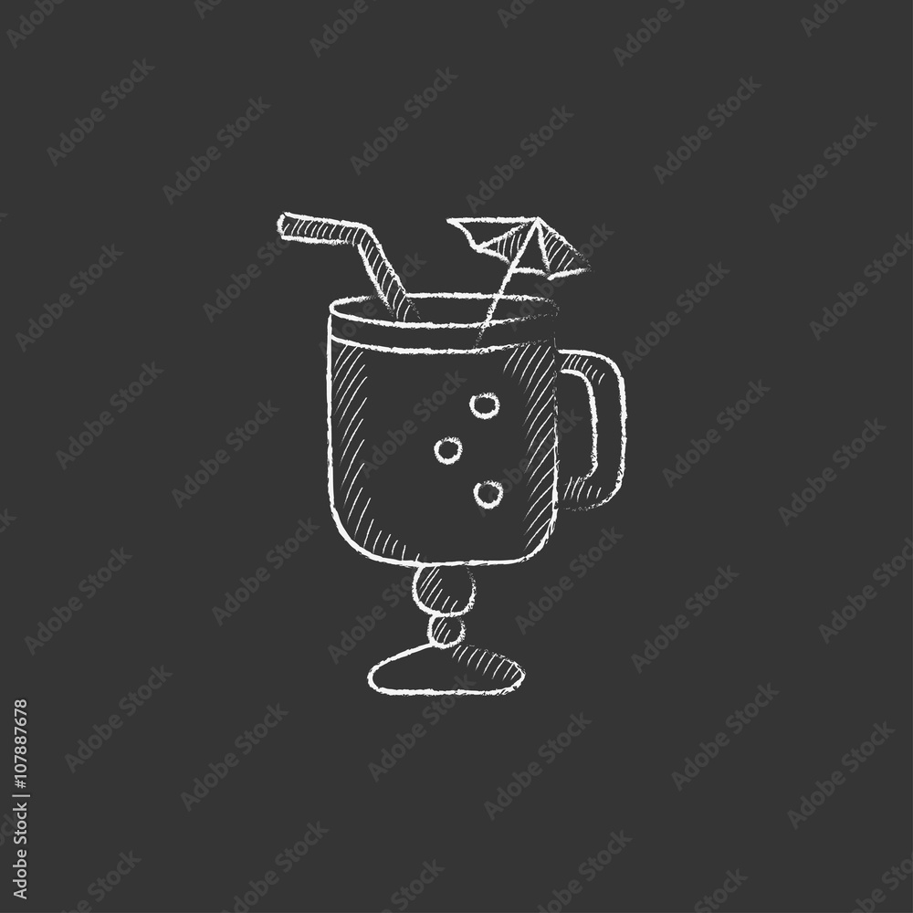 Glass with drinking straw and umbrella. Drawn in chalk icon. Glass with drinking straw and umbrella. Drawn in chalk icon.