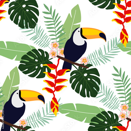 Tropical jungle seamless pattern with toucan bird, heliconia and plumeria flowers and palm leaves, flat design, vector