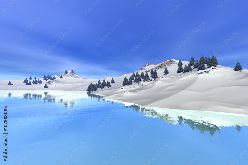 Mountain, a alpine landscape, snow, forest, reflection in the lake and a blue sky.