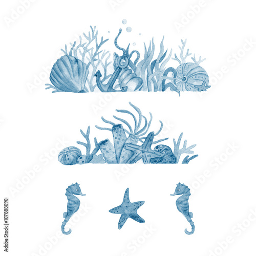 Watercolor set of illustrations with seabed and marine inhabitants.