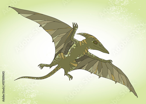 Vector illustration of Pterodactyl or wing lizard from suborders of pterosaurs on the green background. Series of prehistoric dinosaurs. Fossil animals and reptiles in contour style.
