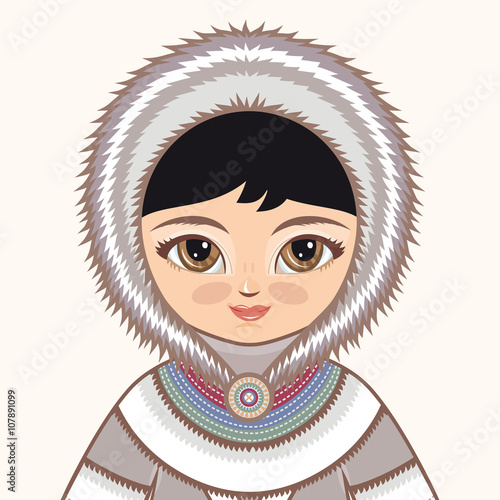 Eskimo clothes. North girl. The girl in Eskimos dress. Historical clothes. The Far North. Colorful drawing. Portrait. Avatar.