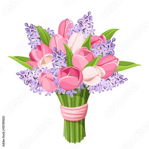 Vector bouquet of pink tulips and purple lilac flowers isolated on a white background.