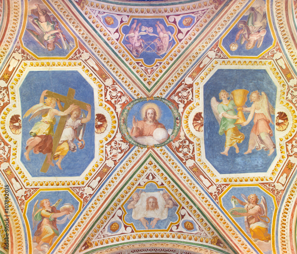 Rome - The angels, Instruments of Passion and Jesus by Paris Nogari (1536 - 1601). Fresco from vault of stairs in church Chiesa di San Lorenzo in Palatio ad Sancta Sanctorum.