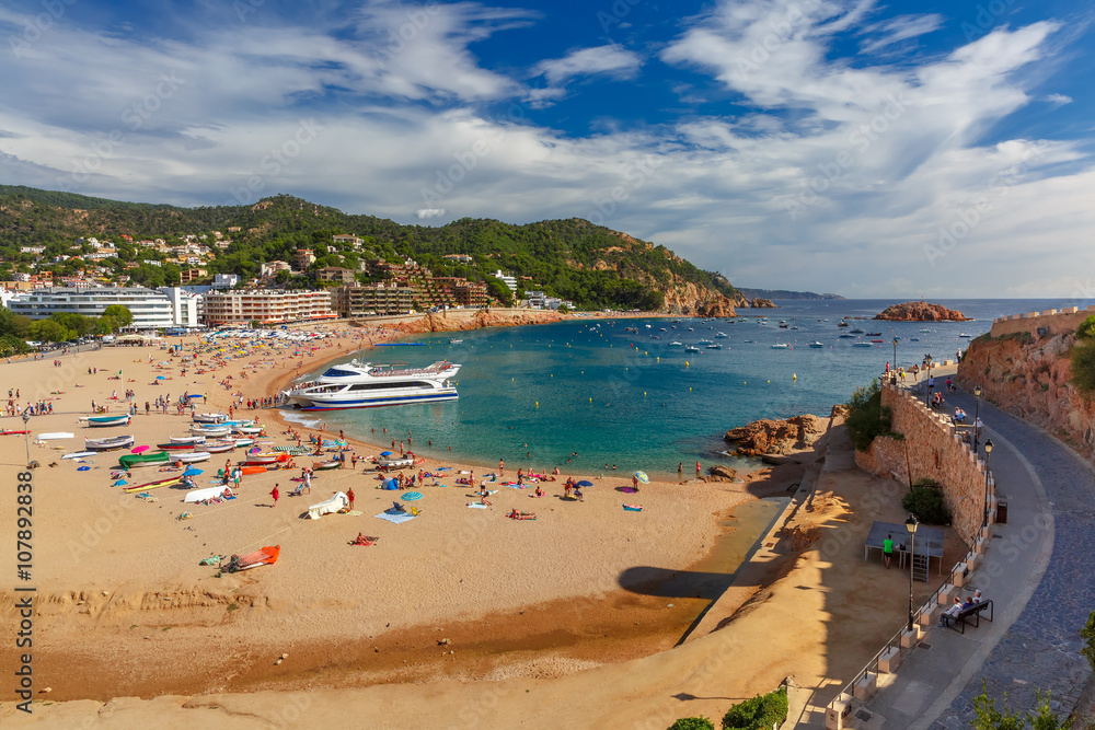 Aerial view of Gran Platja beach and Badia de Tossa bay in Tossa de Mar on the Costa Brava, Catalunya, Spain Aerial view of Gran Platja beach and Badia de Tossa bay in Tossa de Mar on the Costa Brava, Catalunya, Spain