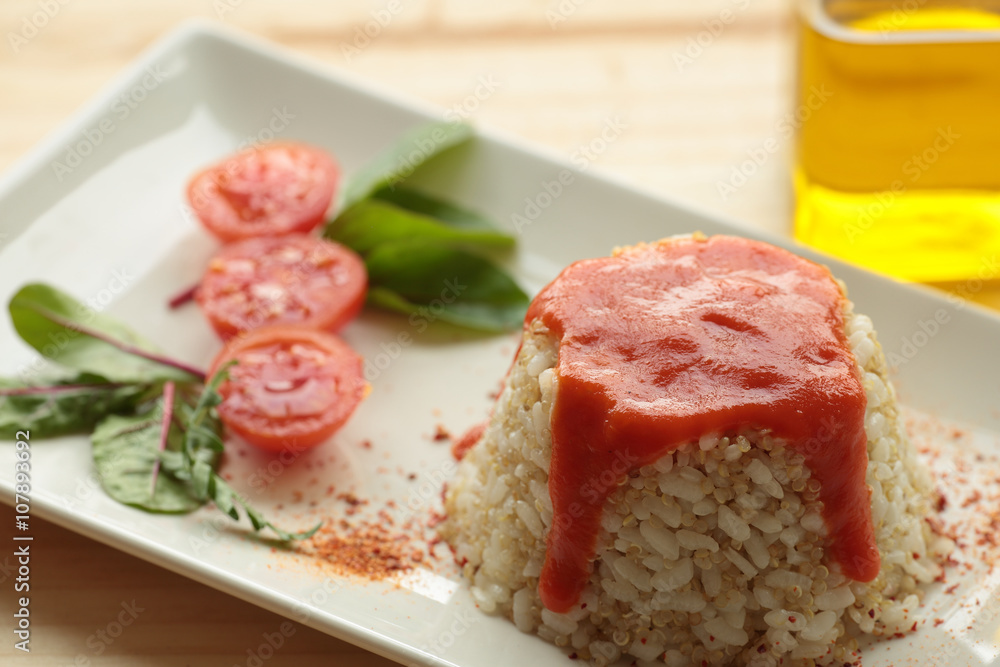 Cuban style rice on a white plate elongated Cuban style rice on a white plate elongated