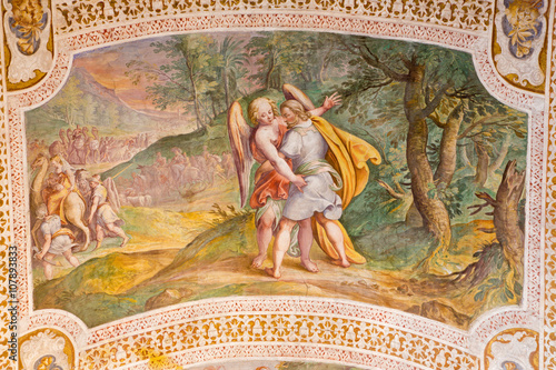 ROME, ITALY - MARCH 11, 2016: The Jacob Wrestles with an Angel by Antonio Viviani (1560–1620). Fresco from the vault of stairs in church Chiesa di San Lorenzo in Palatio ad Sancta Sanctorum. photo