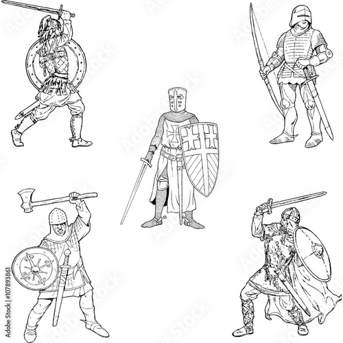 Set of vector silhouettes of the knights. Crusaders. Clipart EPS 10