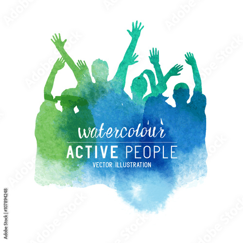 Watercolour Cheering Crowd of People. Group of people in watercolour effect, vector illustration.