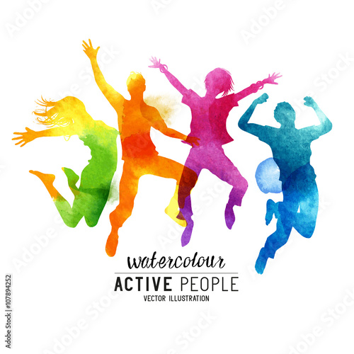 Watercolour Jumping People Vector. A group of freinds jumping into the air. Vector illustration.