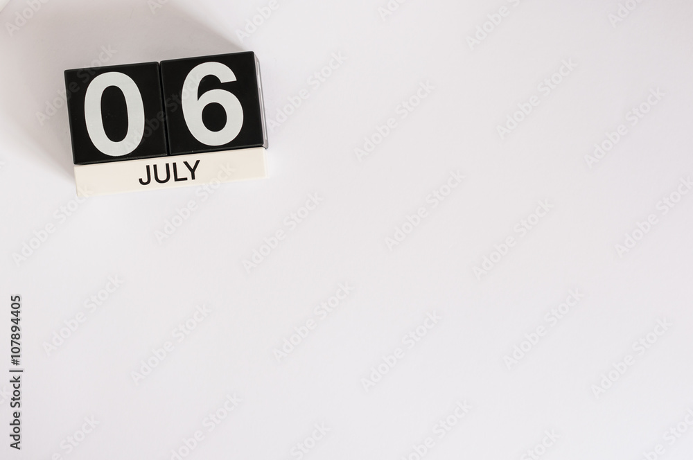 July 6th. Image of july 6 wooden color calendar on white background. Summer day. Empty space for text. World International Kiss or Kissing Day July 6th. Image of july 6 wooden color calendar on white background. Summer day. Empty space for text. World International Kiss or Kissing Day