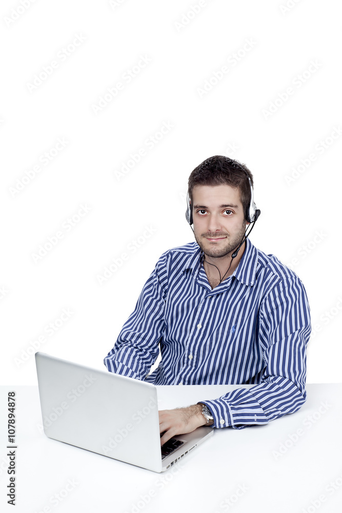 portrait of a handsome male call center operator. portrait of a handsome male call center operator.