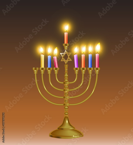 stylized candleholder for Hanukkah with candles in red, yellow,