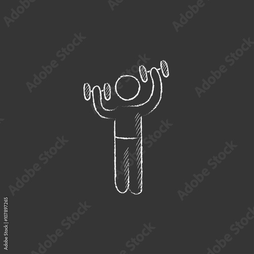 Man exercising with dumbbells. Drawn in chalk icon.