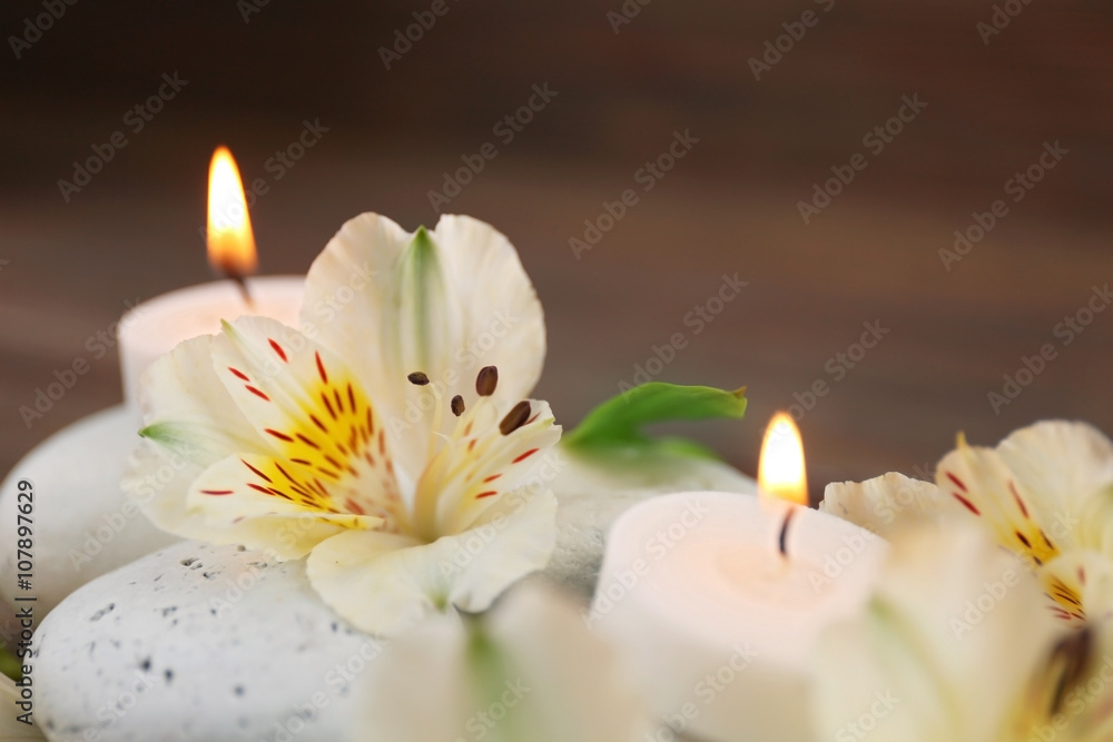 Spa still life with stones, flowers and candlelight closeup Spa still life with stones, flowers and candlelight closeup
