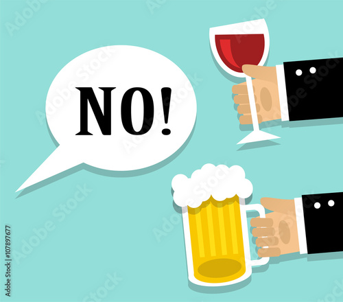 Hands stretch a cup of wine and beer. Man refuses alcohol