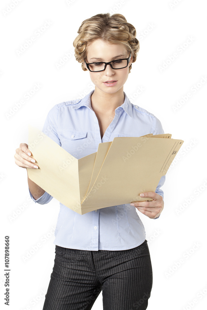 office girl reading a folder of files