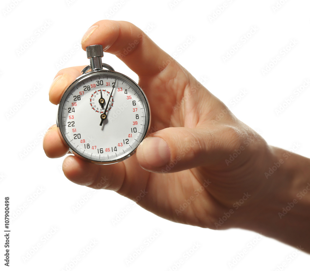 Stopwatch in hand isolated on white, close up Stopwatch in hand isolated on white, close up