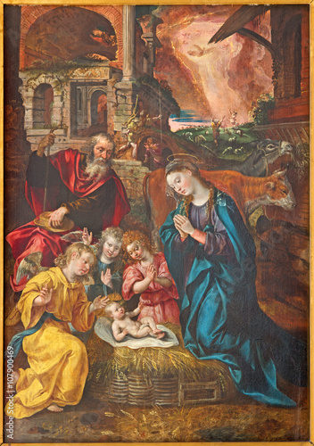 Antwerp - Paint of Nativity scene by Maarten de Vos from year 1577 in the Cathedral