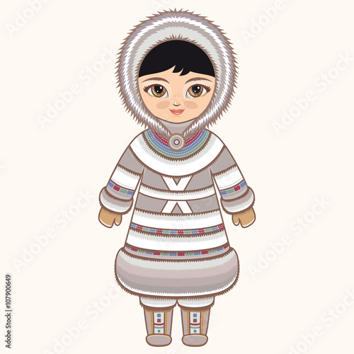 Eskimo clothes. North girl. The girl in Eskimos dress. Historical clothes. The Far North. Colorful drawing.