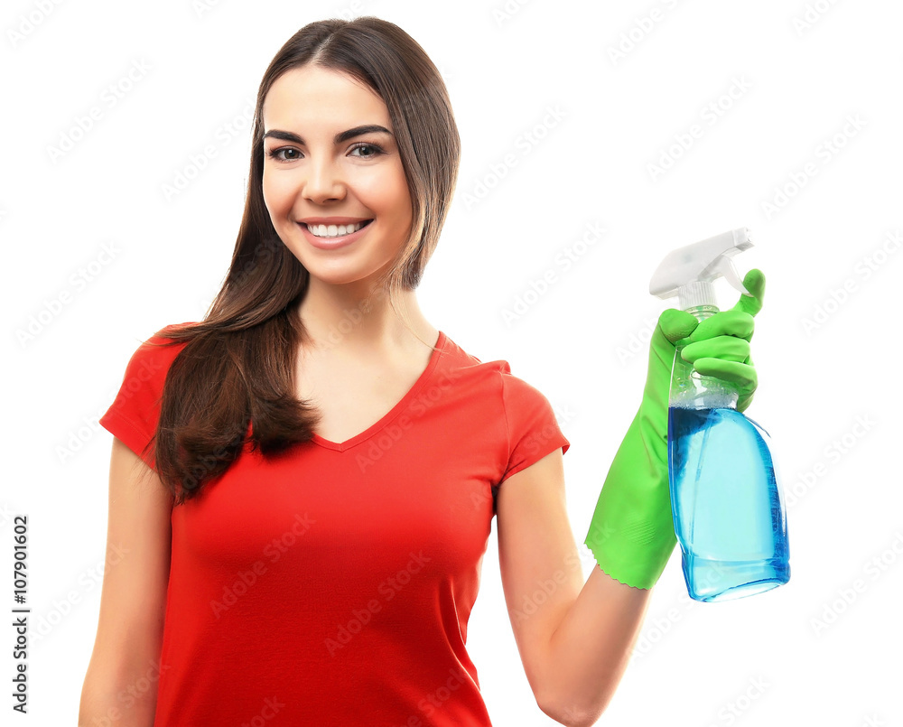 Young woman holding detergent spray, isolated on white Young woman holding detergent spray, isolated on white