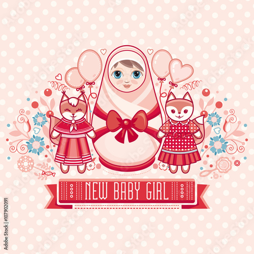 Newborn little baby. Greeting card of the newborn. 