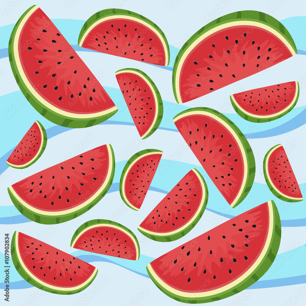 Vector illustration of watermelon fruit in blue wave background. Vector illustration of watermelon fruit in blue wave background.