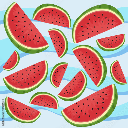Fototapeta Naklejka Na Ścianę i Meble -  Vector illustration of watermelon fruit in blue wave background.