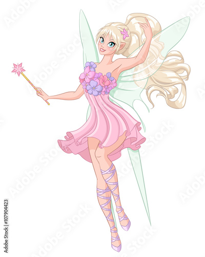 Beautiful fairy with magic wand. Vector illustration isolated on white background.