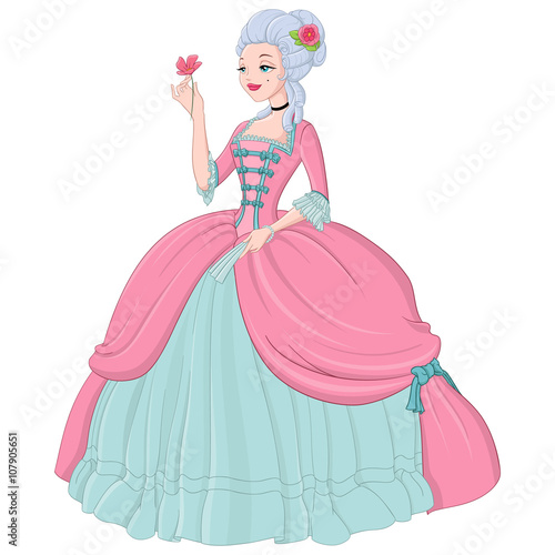 Rococo lady in pink dress. Vector illustration isolated on white