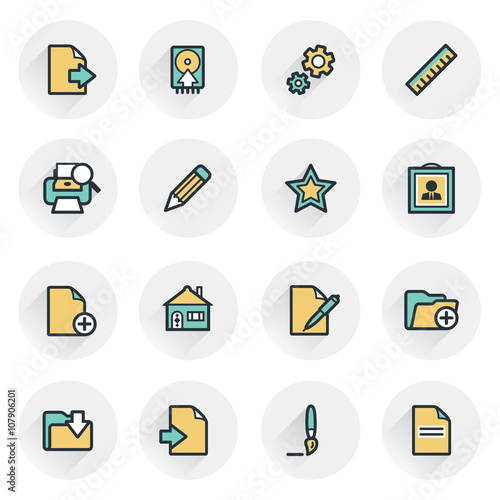 Document icons. Contour lines with color fills. Flat design.