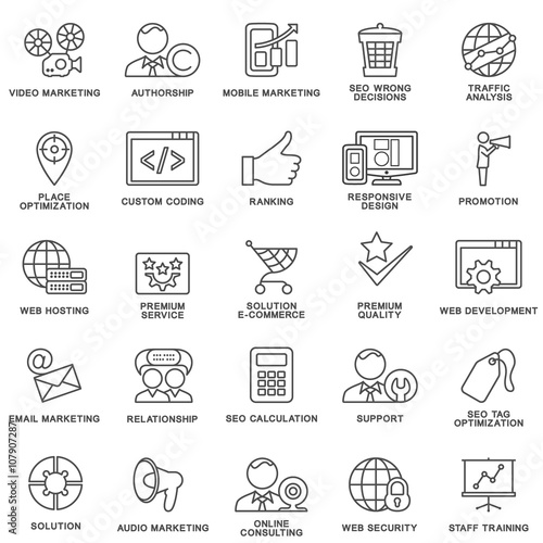 Modern SEO contour icons for web marketing optimization and customer service.
