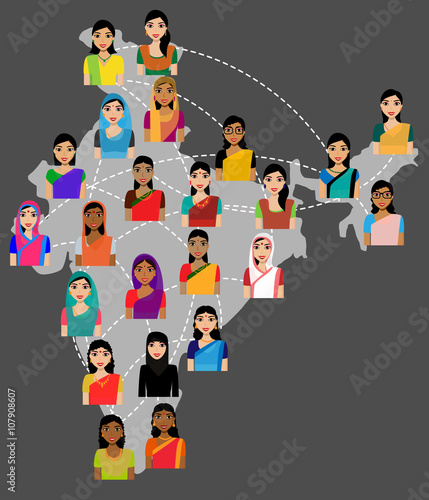 Indian women vector avatars on India Map, social network concept