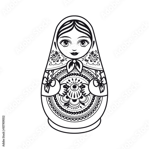 Matryoshka. Russian folk nesting doll. Black and white. Vector illustration on white background