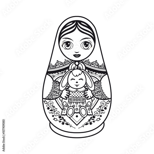 Matryoshka. Russian folk nesting doll. Black and white. Vector illustration on white background