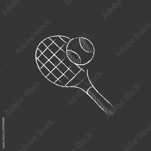 Tennis racket and ball. Drawn in chalk icon.
