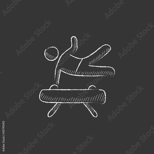 Gymnast exercising on pommel horse. Drawn in chalk icon.