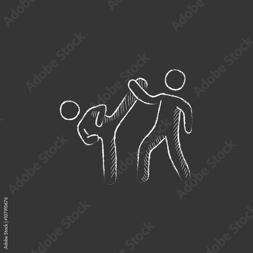 Karate fighters. Drawn in chalk icon.